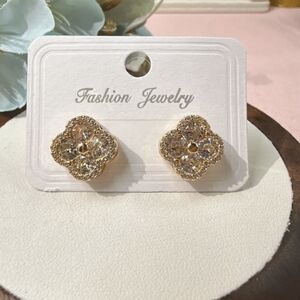 CZ Clover Stud Earrings Golden Tone